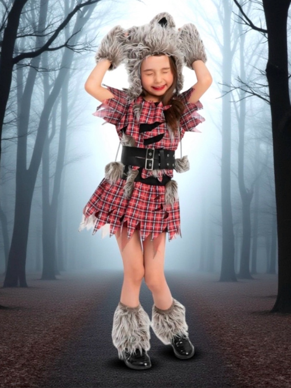 Spooktacular Creations Girls Red Plaid Wolf Costume with Faux Fur Hood